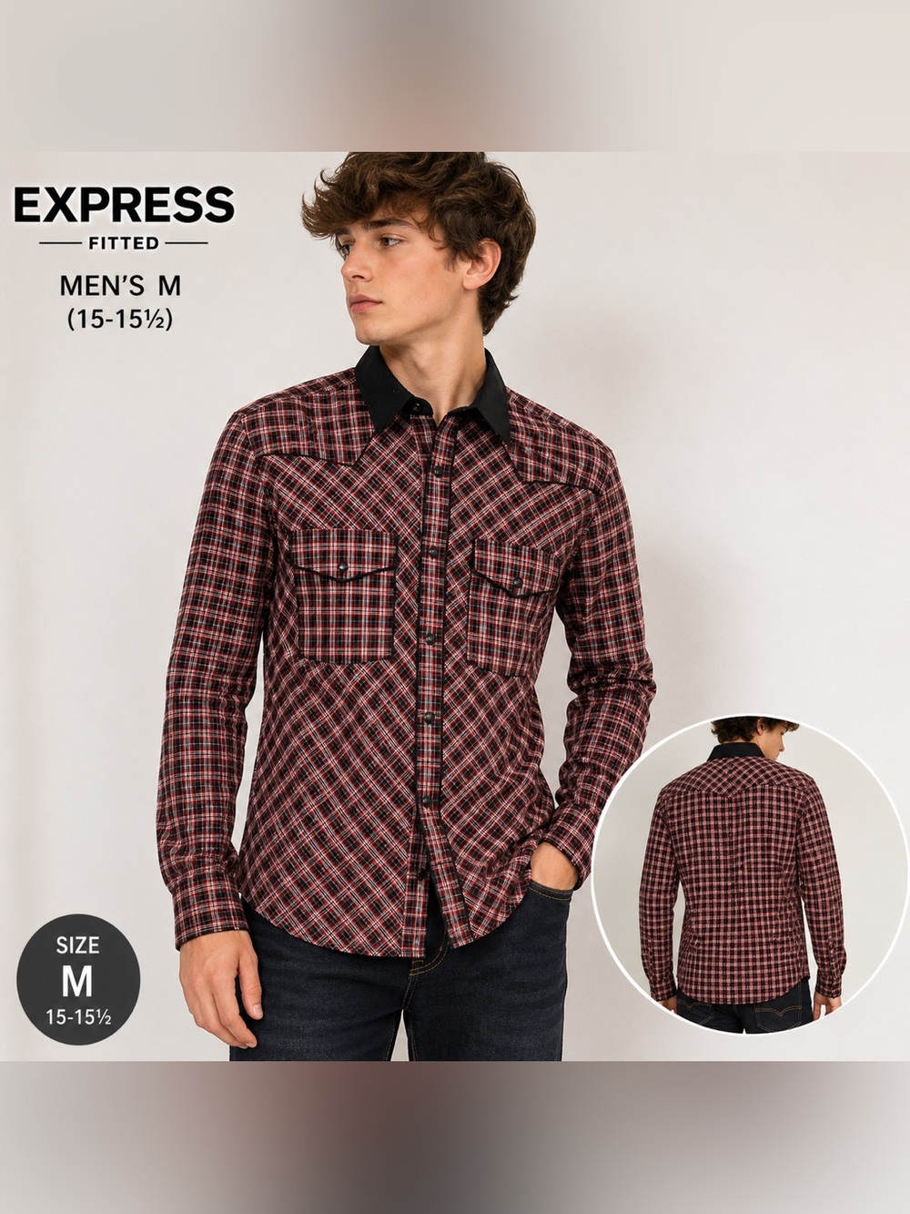 Express Fitted Men’s Plaid Western cotton Shirt Red Black Size M cowboy grunge